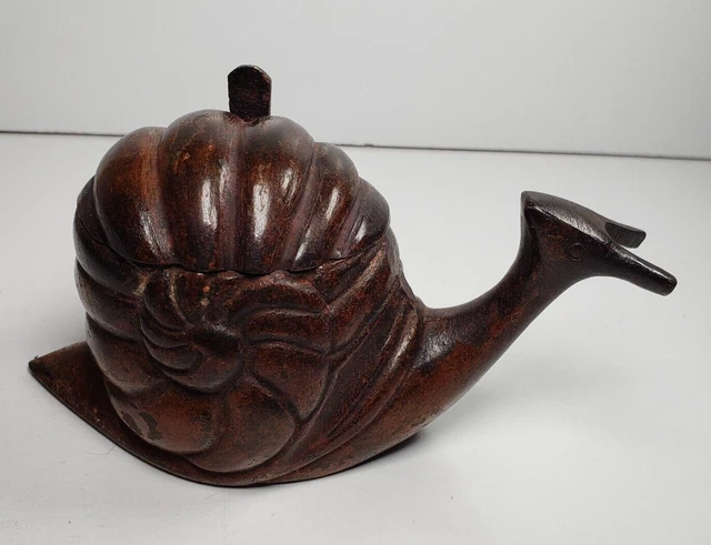 VTG Snail Hinged Trinket Pill Jewelry Box Dept 56 Brown Painted Metal