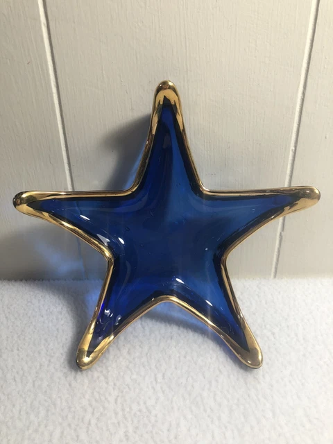 Cobalt BLUE Glass STARFISH Trinket Dish 7" GOLD Trim  Nautical/Beach/Ocean