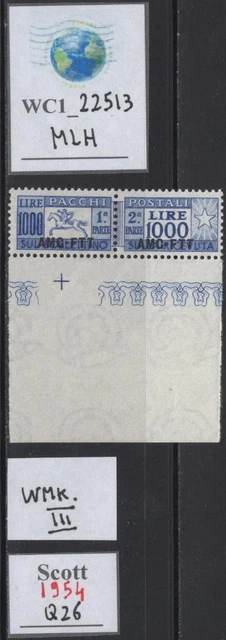 WC1_22513.TRIESTE FTT. 1000 Lire CAVALLINO 1954 parcel post stamp. Sc. Q26. MLH