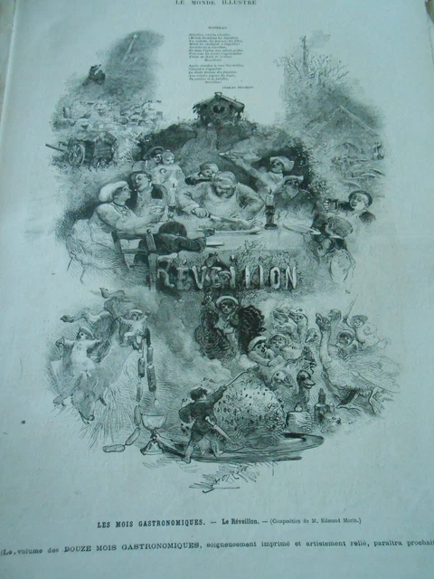 Gravure 1877 - Les mois gastronomiques Le Réveillon