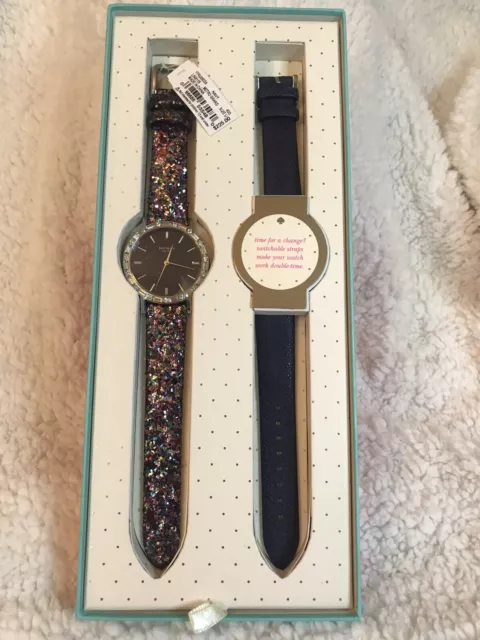 NWT Kate Spade Metro Grand Black Glitter Watch Set 2nd Navy Band Leather -RARE