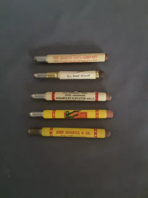 Vtg Misc lot Advertising Bullet Pencils - Quaker Oats,Seed Corn, Meat, Sand, Ice
