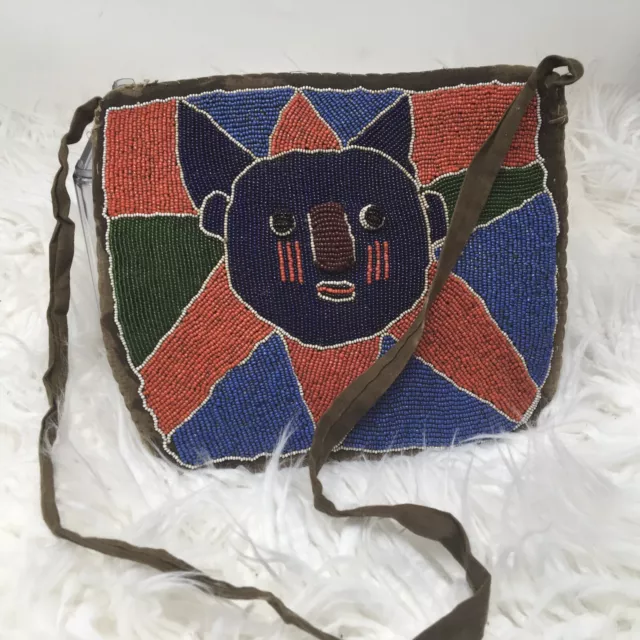 Vintage Antique Yoruba Diviners Bag Glass Beaded Sun Face Nigeria Africa