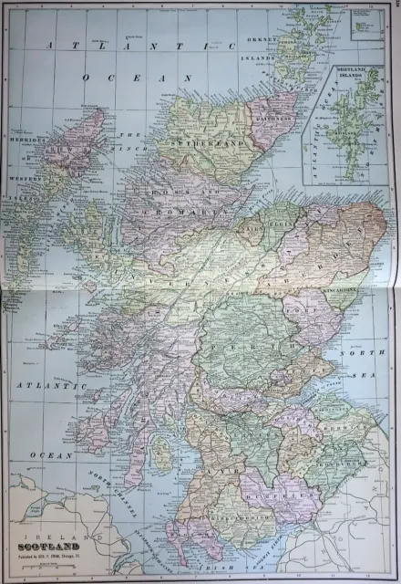 Old Vintage 1913 Cram's Atlas Map ~ SCOTLAND ~ Free S&H