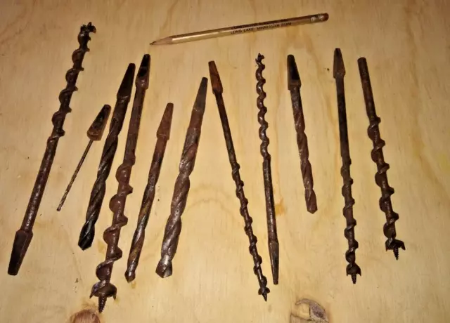11 pcs, Vintage woodworking drill bits, Brace, used. Forge Steel, Blacksmith