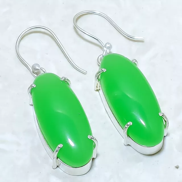 Green Jade Gemstone Handmade Ethnic Silver Jewelry Earring 1.8" ERJ13605