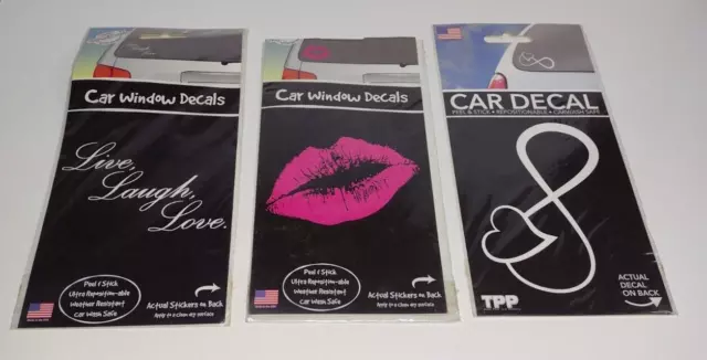 Lot of 3 Car Window Decal Stickers Kiss Hot Lips Heart Infinity Live Laugh Love