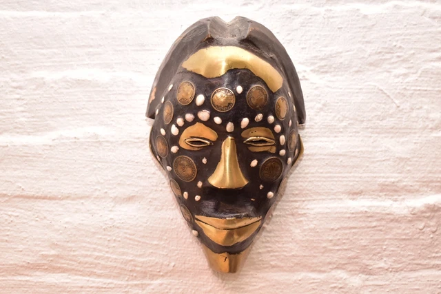 African 10.75" Ceremonial Wood W Coins Mask- TIKAR Cameroon TRIBAL ART CRAFTS