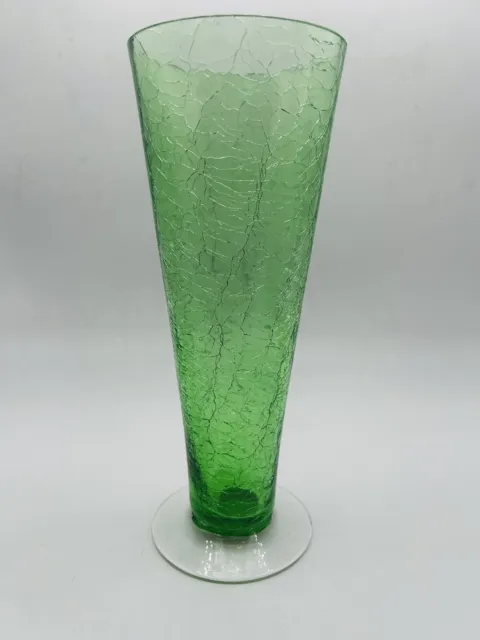 Vintage Emerald Green Crackle Glass Vase w/ Clear Base Hand Blown 10" Tall