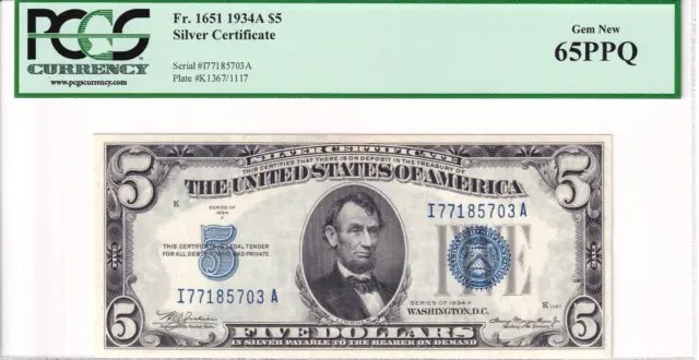 1934-A $5 Silver Certificate IA Block PCGS Gem New 65PPQ #I77185703A