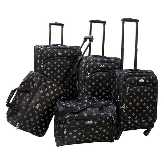 American Flyer Fleur de Lis Fabric 5 Piece Spinner Luggage Set in Black
