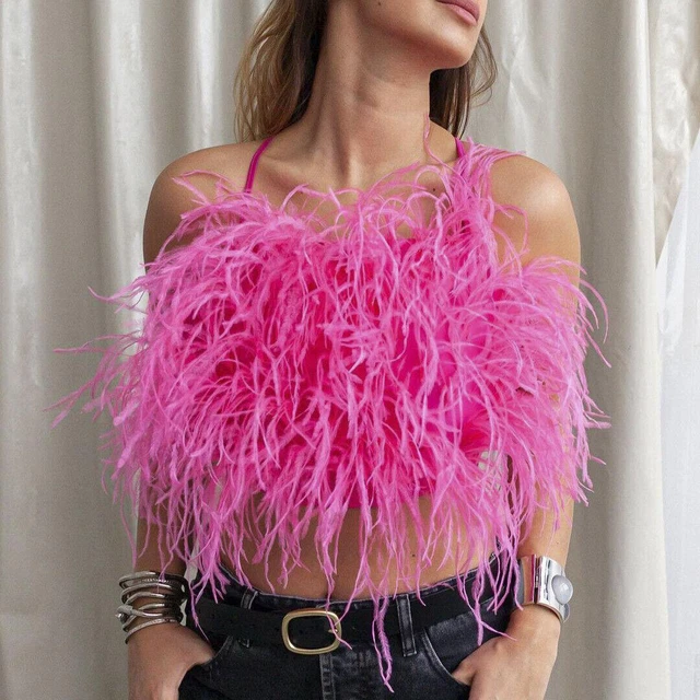 Furry Crop Top Women Ostrich Feather Bustier Tank Vest Sleeveless Bra Tops Wrap