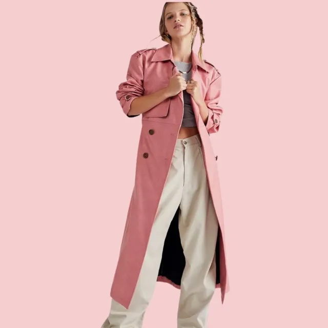 Free People Morrison Vegan Leather Trench Coat Pink-Size Small RRP $595