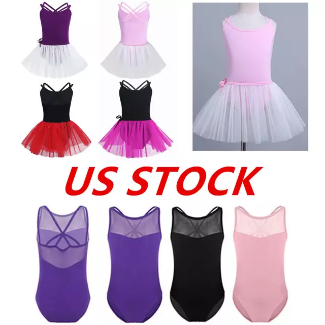 US Kids Girls Mesh Splice Spaghetti Straps Crossover Back Ballet Dance Gymnastic