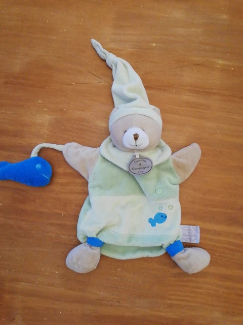 OL Doudou Et Compagnie Ours Marionnette Vert Beige Poisson Bleu Bonnet Bulles