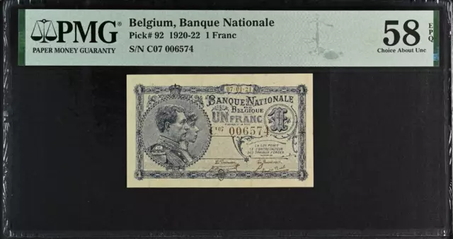 Belgium 1 Franc 1921 P 92 Choice About UNC PMG 58 EPQ