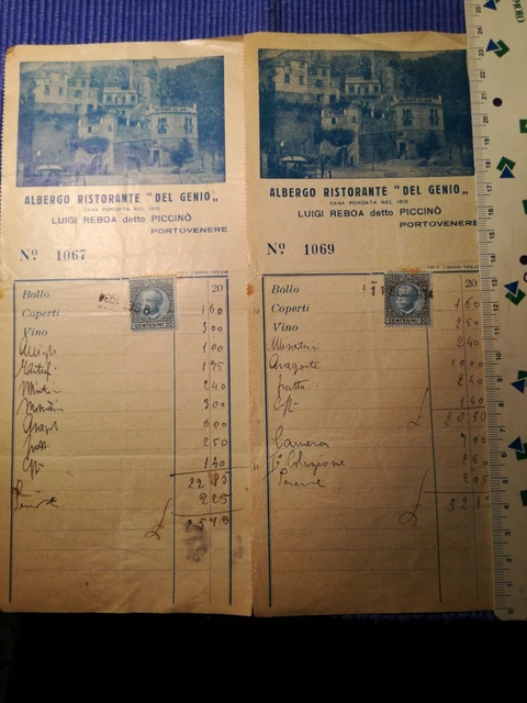 2 Documenti d'epoca conto ristorante albergo "Del Genio" PORTOVENERE  1934 SPL