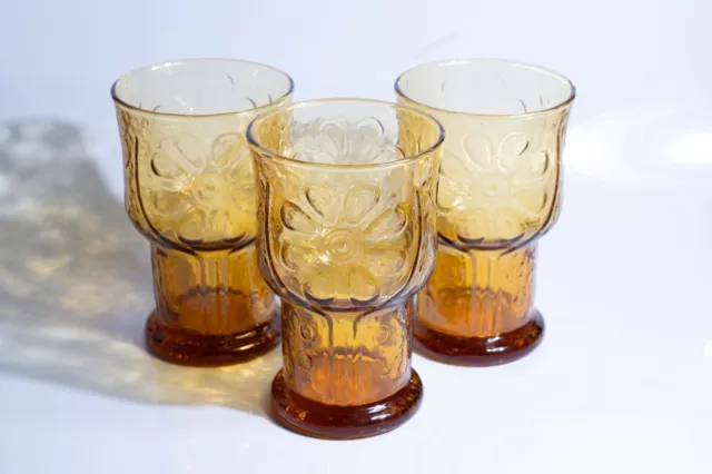 Set of 3 6in MCM Vintage Libbey Country Garden Daisy in Amber Drinking Glasses