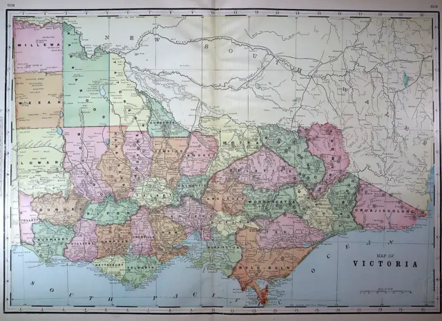 Old Authentic 1902 Cram Atlas Map ~ VICTORIA, AUSTRALIA ~ (XXL18x26) #1352