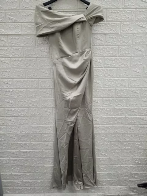 New ASOS Design Satin Bardo Drape Wrap Front Slit Maxi Dress Sage Green Sz 0