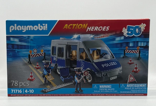PLAYMOBIL 71716 – Bus Della Polizia Con Blocco Stradale – Action Heroes – 78 Pezzi – Con Luci E Suoni (batteria AAA Inclusa)