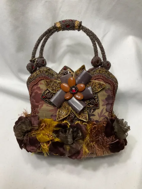 Mary Frances Plum/Taupe Floral Theme Satin Print Beaded Unique Shape Handbag