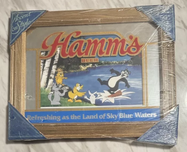 Vintage Rare New Sealed Hamm's Beer Glass Mirror Sign Hamms Bear & Friends 15x19