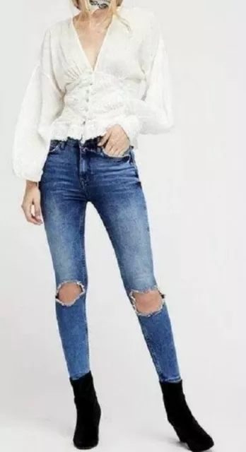 NWT Free People High-Rise Busted Knee Ripped Skinny Jeans Stretch 24