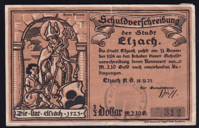 Elzach: 2,10 marcos de oro = 1⁄2 dólar 18.11.1923 hasta 31.12.1924 - bonos