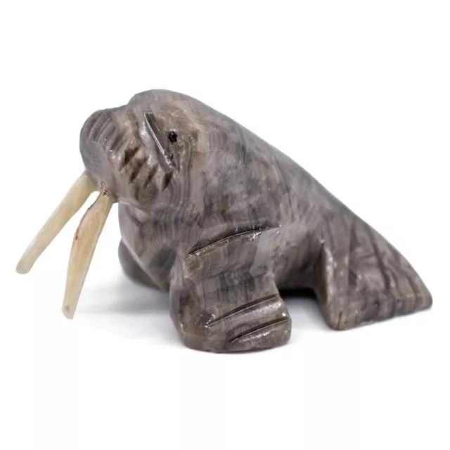 Unique Hand Carved Gray Marble Stone Walrus Figurine Carving 2.5" Long