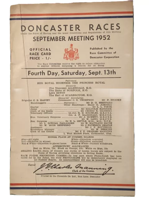 Racecards St Leger at Doncaster 1952 Tulyar & 1957 Ballymoss. Very collectible.