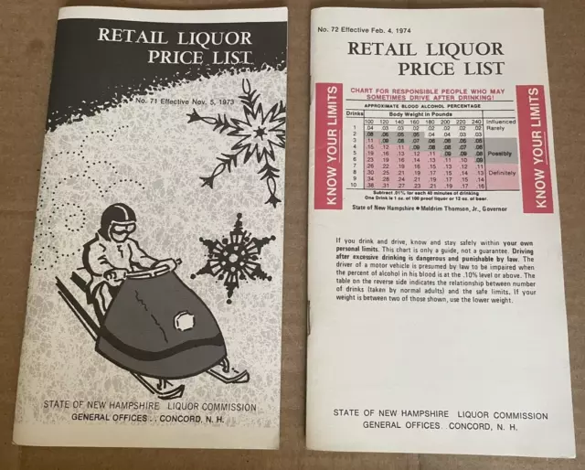 New Hampshire Retail Liquor Price Lists 1973 1974 Snowmobile Snowflake Vintage