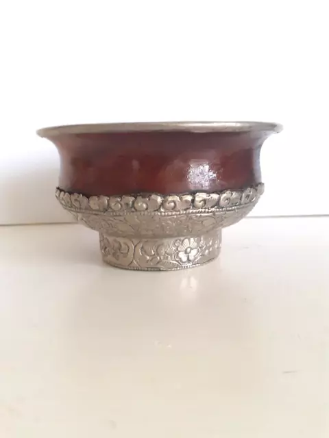 Antique Tibetan Tibet burr wood & white metal prayer tea bowl or cup No. 2