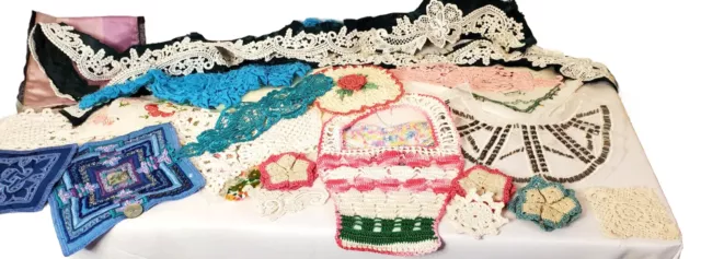 Large Craft Lot 47 Appliqués Flowers Patches Embroidered Handkerchiefs Lace