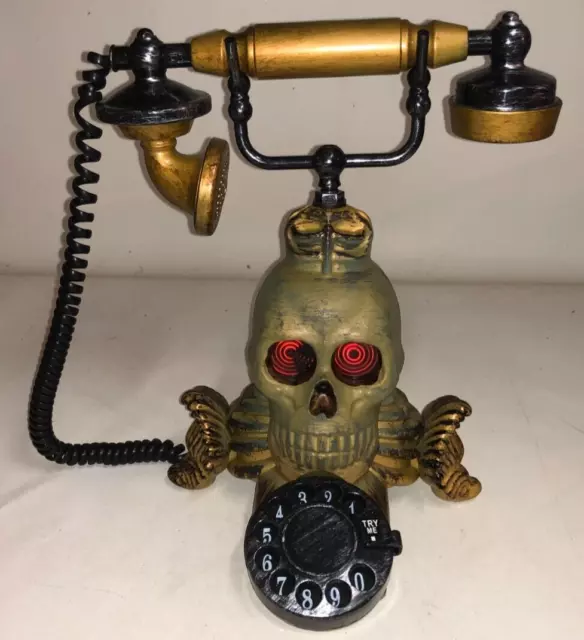 VTG Gemmy Haunted Halloween Skull Talking Telephone Spinning Red Eyes Talking