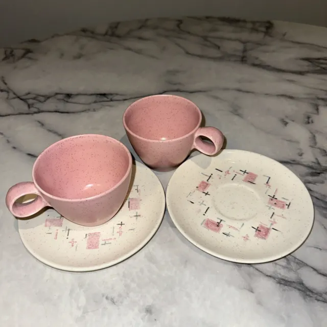 4pc Set Vernon Ware Tickled Pink Tea Coffee Cup Plates Saucers Speckled 50s MCM