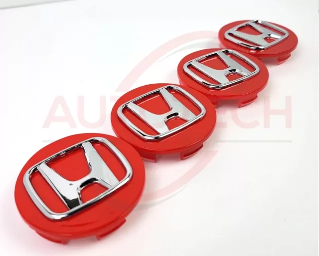 Set of 4 Honda Red/Chrome Wheel Rim Center Caps Chrome Logo 69MM/2.75