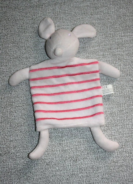 Auchan Doudou Lapin Plat Marionnette  Blanc Raye Rose Jamais Servi
