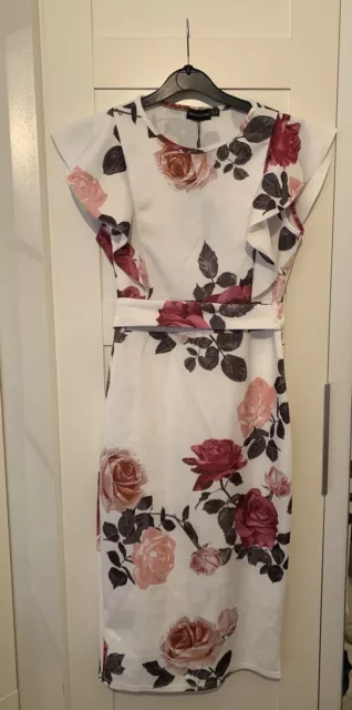 NEW PRETTY LITTLE Thing Midi Peplum Deep V floral bodycon dress