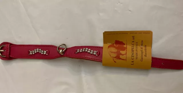 La Cinopelca Padded Soft Calfskin Dog Collar with Crystals Fuchsia 5/8”, Fits 9”