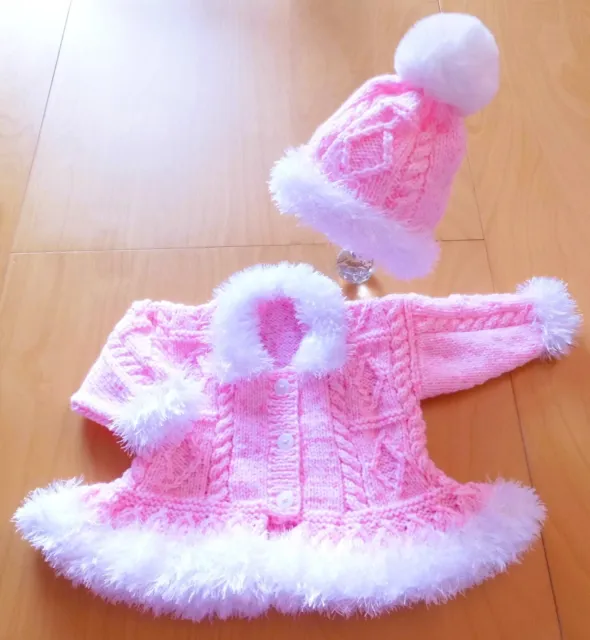 NEW Hand Knitted Baby Jacket/Cardigan & Hat Set - 3-6 months - Pinks & White