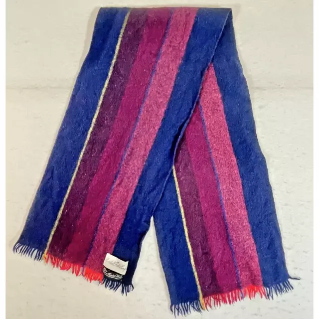 Marshall Field Vtg Striped Blue Pink Marino Wool Scarf 43 x 9 inches + Fringe