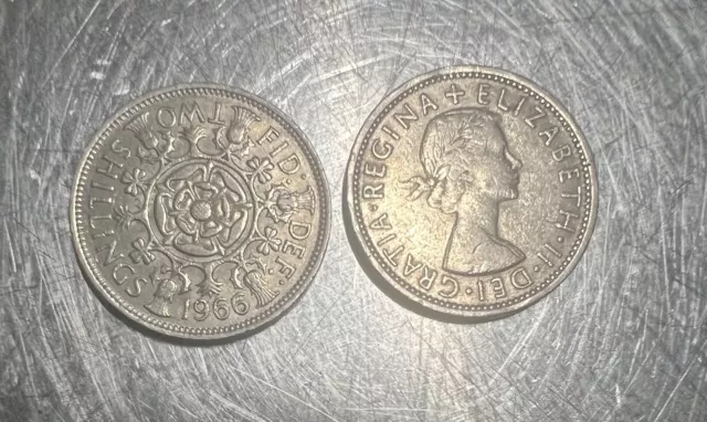 1966 Queen Elizabeth II Two Shilling/Florin UK Coin circulated England World Cup