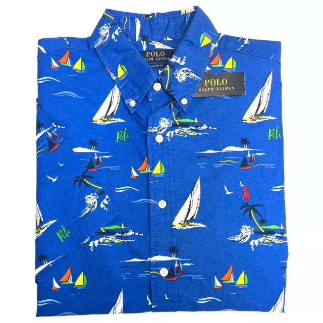 Polo Ralph Lauren Short Sleeve Shirt Blue Sailboat Islands Cotton Oxford $98 3