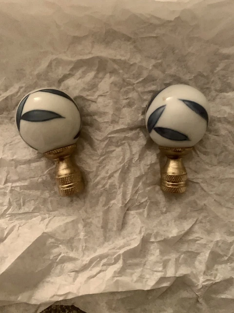 Lamp or Curtain Tieback Finial Finials Ceramic Ball Pair Blue White Flowers