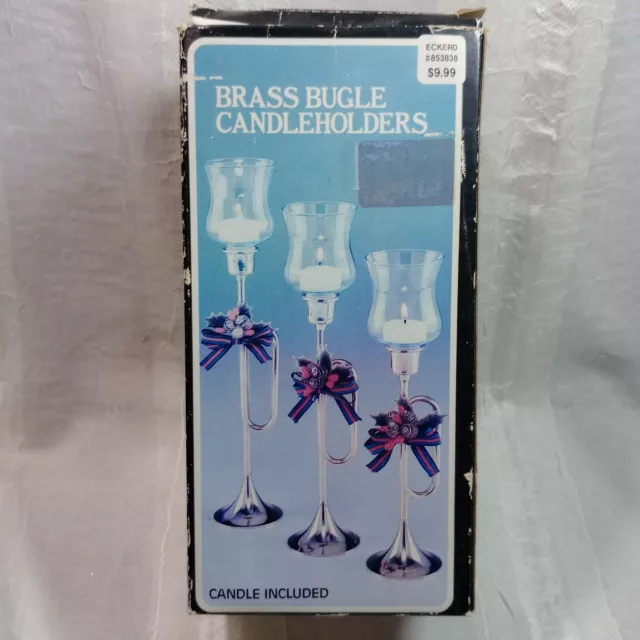 Vintage Decor 1988 Brass Bugle Candleholders Candle Included with Original Box