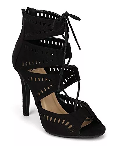 Women's Black vegan suede peep toe lace up gladiator cage heel sandal pumps