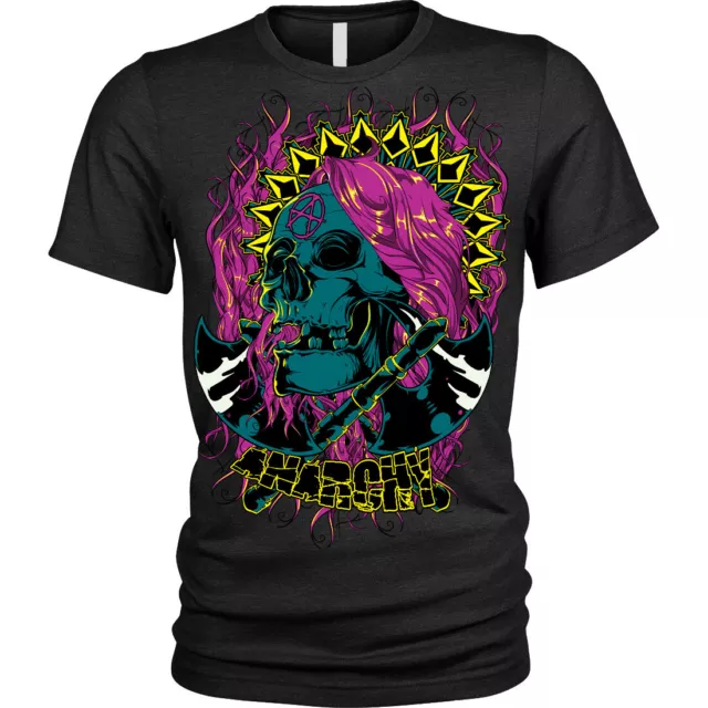 Anarchy T-Shirt Skull axes biker gothic rock punk metal skeleton Unisex Mens