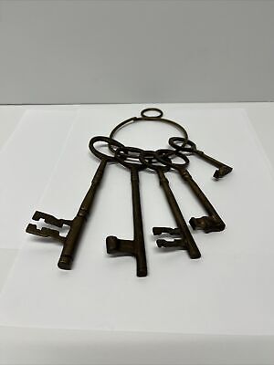 Vintage Large Brass Jail Cell Skeleton Keys Decorative Set of 5