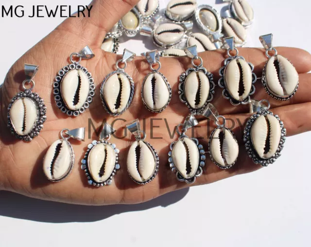 10 Pcs Lot Natural Cowrie Shell Gemstone 925 Silver Plated Pendants MFB1199